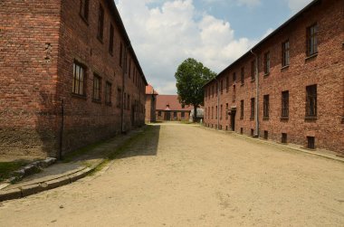 Auschwitz 'teki eski binalar, toplama kampı ve Nazi Yahudi soykırımı anıtı.
