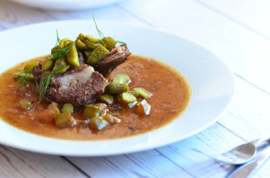 Tabakta servis edilen sebzeli ve otlu lezzetli sığır eti. Sığır güveci, salatalık sosu, ekmek köftesi, geleneksel Çek mutfağı, hafif bir arkaplanda servis edilen yiyeceklerin arka planı.