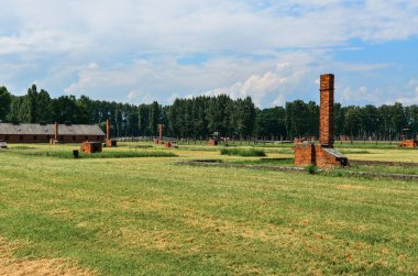 Auschwitz, Birkenau, Polonya 15 Ağustos 2019: Toplama kampındaki kalıntılar ve eski kalıntılar, soykırım anıtı