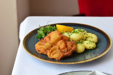 yakın - restoran masasındaki gurme yemeğinin görünümü