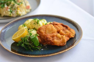 Limonlu, marullu ve salatalı kızarmış balık