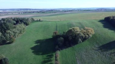 Yeşil bir tarlanın tepesinden küçük bir köyün manzarası.