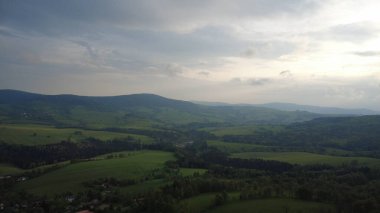 Akşamları ağaçlı yeşil çayır üzerinde havadan panoramik manzara
