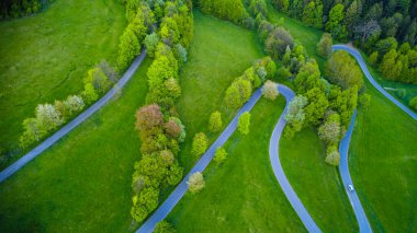 Kırsaldaki güzel yeşil bir yolun havadan görünüşü.