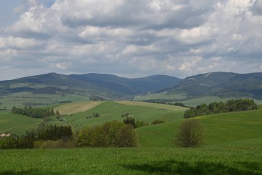 Küçük bir tarlası ve yeşil vadisi olan güzel bir manzara.