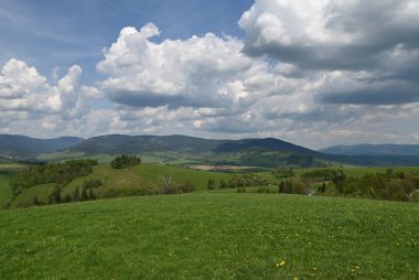 Çimen tarlası ve bulutlu gökyüzü olan güzel bir manzara.
