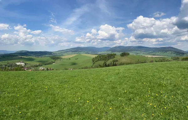 Gün batımında dağları ve ormanları olan Çek manzarası. Orlicke Dağları ve Dolni Morava bölgesi üzerinde manzaralı bir bahar akşamı.