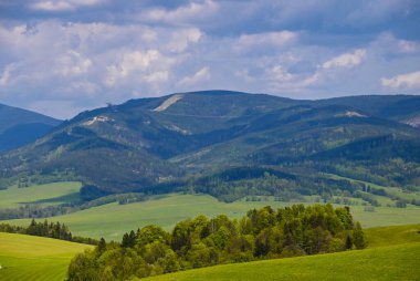 Güneşli bir günde güzel Çek dağlarında bir dağ gezisi sırasında doğayla uyum içinde insanları yakalayan manzaralı bir an..