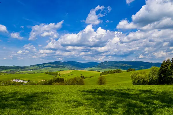 Güneşli bir günde güzel Çek dağlarında bir dağ gezisi sırasında doğayla uyum içinde insanları yakalayan manzaralı bir an..