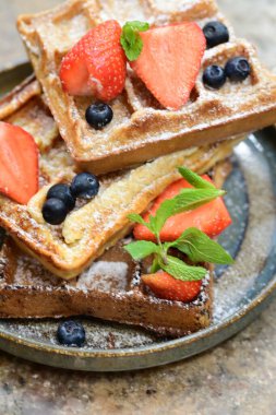 Renkli çan biberlerinin üst görüntüsü. İçi öğütülmüş et, pilav ve karışık sebzelerle doldurulmuş. Seramik bir fırın kabına dizilmiş.. 