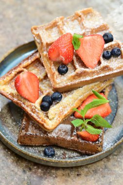 Renkli çan biberlerinin üst görüntüsü. İçi öğütülmüş et, pilav ve karışık sebzelerle doldurulmuş. Seramik bir fırın kabına dizilmiş.. 