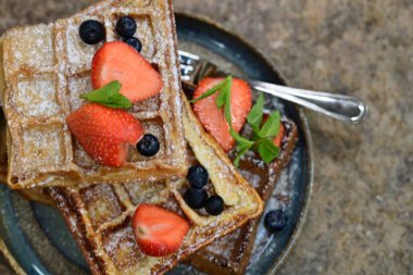 Renkli çan biberlerinin üst görüntüsü. İçi öğütülmüş et, pilav ve karışık sebzelerle doldurulmuş. Seramik bir fırın kabına dizilmiş.. 