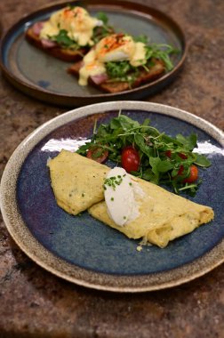 Erimiş peynirle kaplı lezzetli bir omlet, taze domates ve taze otlarla serpiştirilmiş..