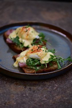 Bu klasik Eggs Benedict tabağında zengin dokular ve canlı renkler yer alıyor. Gurme kahvaltısı, brunch menüleri, yemek blogları ve mutfak promosyonları için ideal..