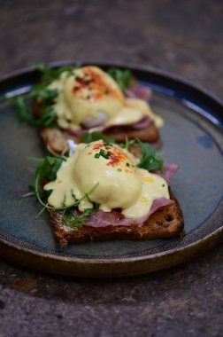 Bu klasik Eggs Benedict tabağında zengin dokular ve canlı renkler yer alıyor. Gurme kahvaltısı, brunch menüleri, yemek blogları ve mutfak promosyonları için ideal..