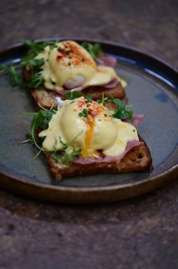 Bu klasik Eggs Benedict tabağında zengin dokular ve canlı renkler yer alıyor. Gurme kahvaltısı, brunch menüleri, yemek blogları ve mutfak promosyonları için ideal..