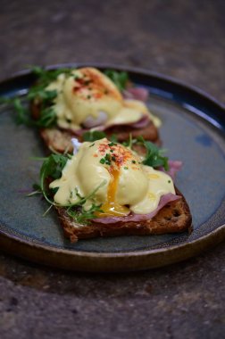 Bu klasik Eggs Benedict tabağında zengin dokular ve canlı renkler yer alıyor. Gurme kahvaltısı, brunch menüleri, yemek blogları ve mutfak promosyonları için ideal..