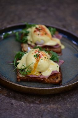 Bu klasik Eggs Benedict tabağında zengin dokular ve canlı renkler yer alıyor. Gurme kahvaltısı, brunch menüleri, yemek blogları ve mutfak promosyonları için ideal..