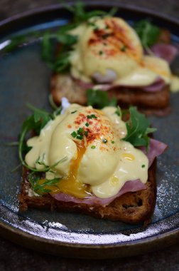 Bu klasik Eggs Benedict tabağında zengin dokular ve canlı renkler yer alıyor. Gurme kahvaltısı, brunch menüleri, yemek blogları ve mutfak promosyonları için ideal..