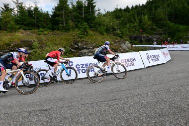Bitiş çizgisinden gelen bisikletçi Çek Cumhuriyeti, Silezya, Dlouh Strn (15-8-2025)