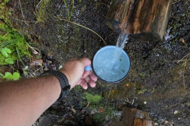 Adam ormandaki bir kupadan su döküyor.