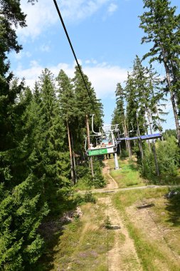 Ormanın arka planında teleferik.