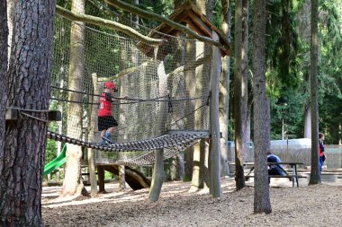 Çek Cumhuriyeti 'nin Lipno kentindeki Treetop Geçidi' nin tahta gözlem kulesinde duran turistler. Sumava Dağları 'nın yemyeşil ormanı, mavi gökyüzü ve panoramik manzaralı manzarası.. 