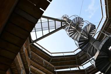 Çek Cumhuriyeti 'nin Lipno kentindeki Treetop Geçidi' nin tahta gözlem kulesinde duran turistler. Umava Dağlarının manzarası yemyeşil orman, mavi gökyüzü ve panoramik manzara.