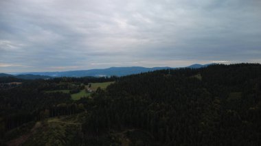 Dağlarda dağ ormanları olan güzel bir manzara.