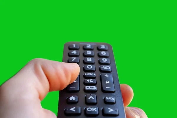 Hand Holding Remote Control Isolated Green Screen Background Chroma Key — Stock Photo, Image