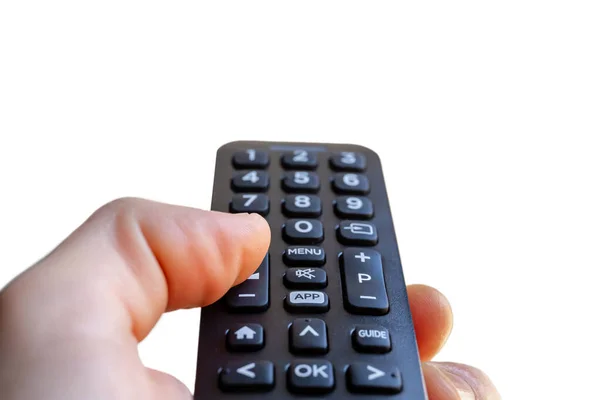 Hand Holding Remote Control Isolated White Background Detail App Mute — Stock Photo, Image