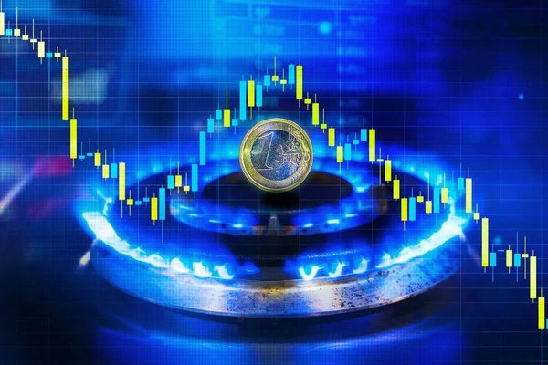 stock image Concept on the decreasing trend of natural gas prices in euro. Market graph with data on the drop in the price of gas. Costs of imported gas in Europe