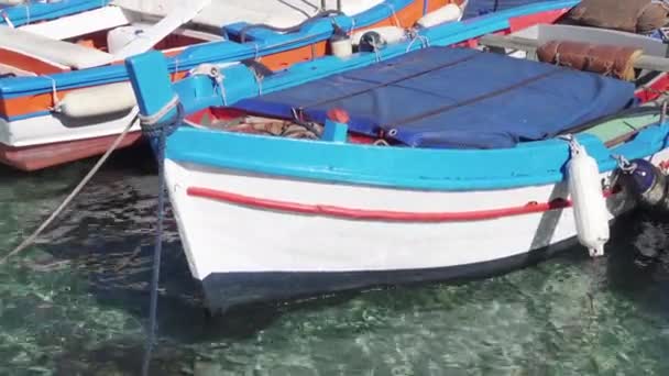 地中海 イタリア 夏休みのリゾートタウンで美しい透明ターコイズブルーの海の水で係留された小さな伝統的なカラフルな漁船 — ストック動画
