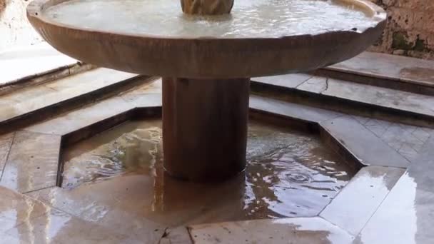 古代の石の噴水 夏に柱とモンレール大聖堂回廊 中世のビザンチンの泉 Monreale パレルモ イタリア — ストック動画