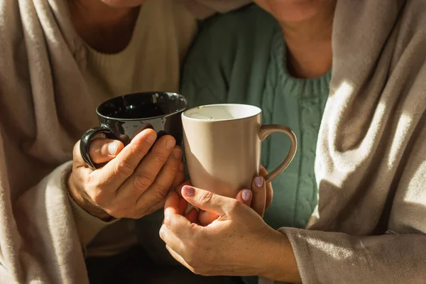 Grandparents wrapped in warm blanket hold cups of hot tea or coffee, feeling cold at home. Home heating trouble and energy crisis in Europe concept. Elderly couple drinking tea. Love beyond age.
