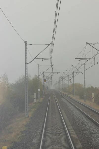 Autumn railway tracks and traffic signals in a foggy morning. A lot of rails and sleepers go into the misty horizon. Industry railroad with metal poles and wires. View from the last car of the train.