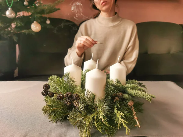 Pensive Woman Smoke Holds Extinguished Match Her Hand Christmas Advent — Stock Photo, Image