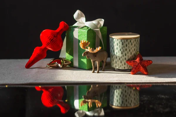 New Year Christmas Composition Wrapped Gift Box Toy Reindeer Candle — Stock Photo, Image