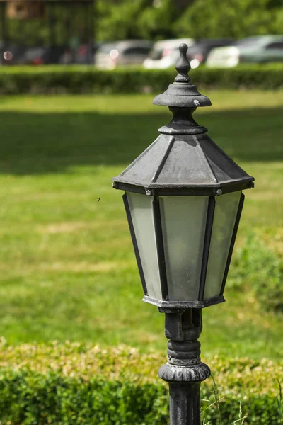 Antique street lantern stands on the green lawn in city park. Old-fashioned metal light against green grass background. Details of historic gas lamp, close-up. European traveling concept.