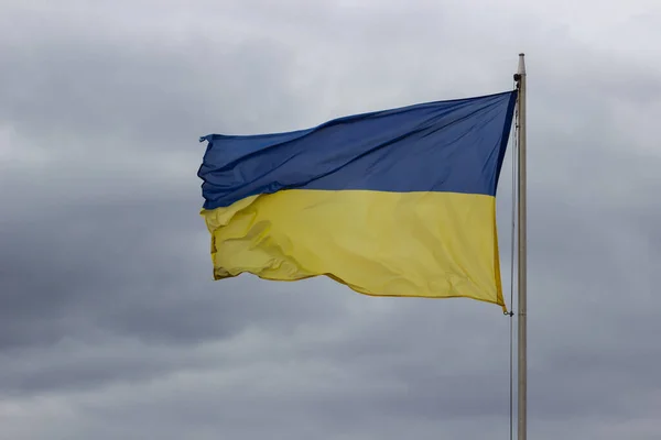 Bandeira Nacional Independência Ucrânia Contra Céu Cinzento Nublado Liberdade Cor — Fotografia de Stock