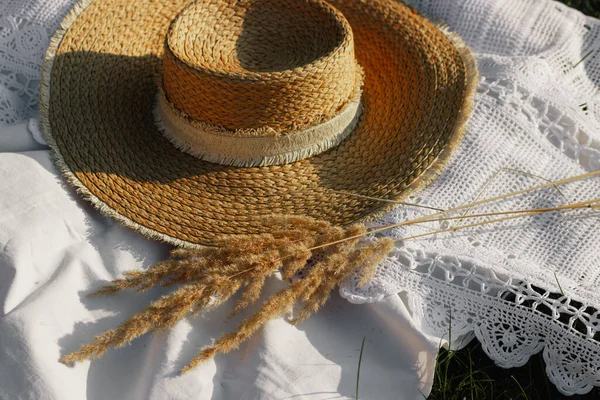 Kuru otlaklı saman şapkalı beyaz çarşaflı sazlıklar yeşil çayır çimlerinin arasında dantel dokuyor. Yaz gezisi. Boho tarzı kavramı, kırsal kesimde dinlenme, basit köy yaşam tarzı..