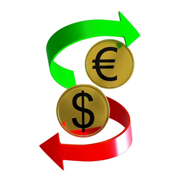 Moedas Banhadas Ouro Com Símbolos Dólar Euro Rodeados Por Duas — Fotografia de Stock