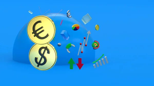 Aranybevonatú Érmék Dollár Euro Szimbólumokkal Absztrakt Sokszínű Figurák Nyilak Grafikonok — Stock Fotó