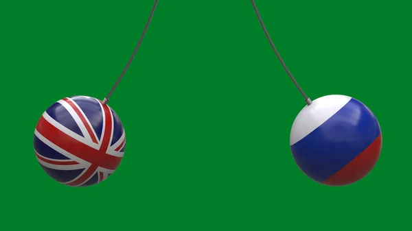 英国とロシアの国旗の色のロープの上のボールは中立的な背景に対して互いに接近します 3Dレンダリング 設計は空白だ レイアウト — ストック写真
