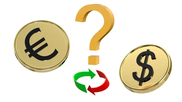 Aranybevonatú Érmék Dollár Euró Szimbólumokkal Kérdőjel Két Nyíl Egy Gyűrűben — Stock Fotó