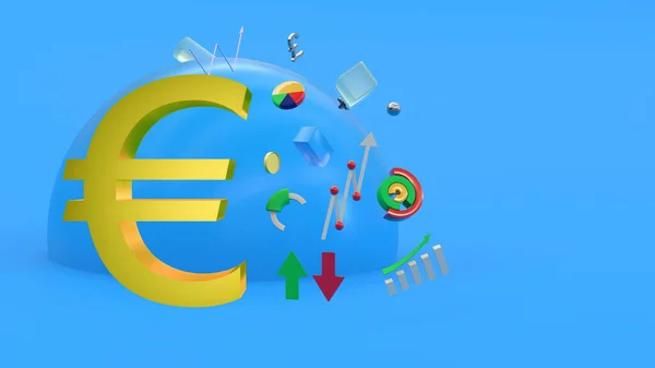 Euró Szimbólum Emelkedik Hátterében Elvont Többszínű Figurák Nyilak Diagramok Renderelés — Stock Fotó