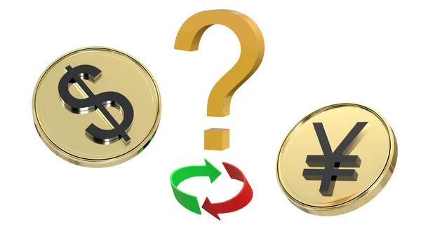镀金的硬币 有美元和日元的符号 一个问号和两个箭头在一个环 绿色和红色的白色背景 3D渲染 财务概念 被隔离了 — 图库照片