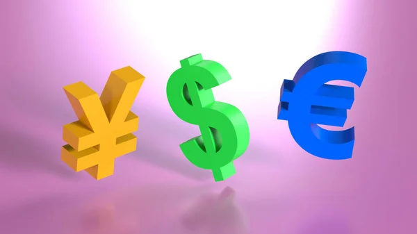 Δολάριο Χορού Ευρώ Και Γιεν Σύμβολα Ροζ Φόντο Απόδοση Οικονομική — Φωτογραφία Αρχείου