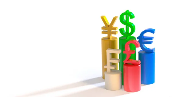 Valuta Szimbólumok Állnak Többszínű Emelkedő Oszlopok Dollár Vezetés Pénzügyi Koncepció — Stock Fotó