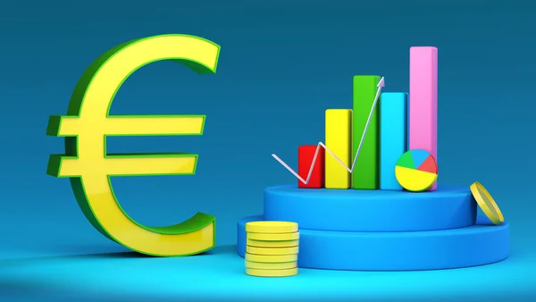 多色のチャートの列 矢印とコインの背景にユーロ記号 3Dレンダリング 金融の概念 通貨市場 — ストック写真